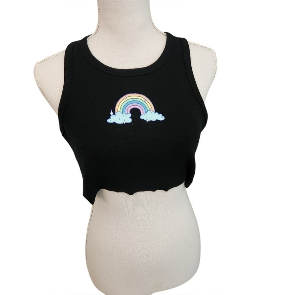 PacSun Black Sleeveless Crop Top with Scoop Neck & Rainbow Graphic  size S